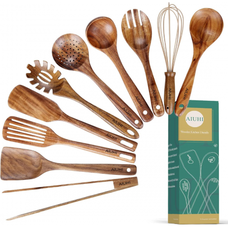 AIUHI 10 Pack Wooden Utensils for Cooking, Wood Utensil Set for Kitchen, Teak Wooden Spoon for Cooking, Non-Stick Spatula Ladle