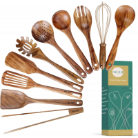 AIUHI 10 Pack Wooden Utensils for Cooking, Wood Utensil Set for Kitchen, Teak Wooden Spoon for Cooking, Non-Stick Spatula Ladle